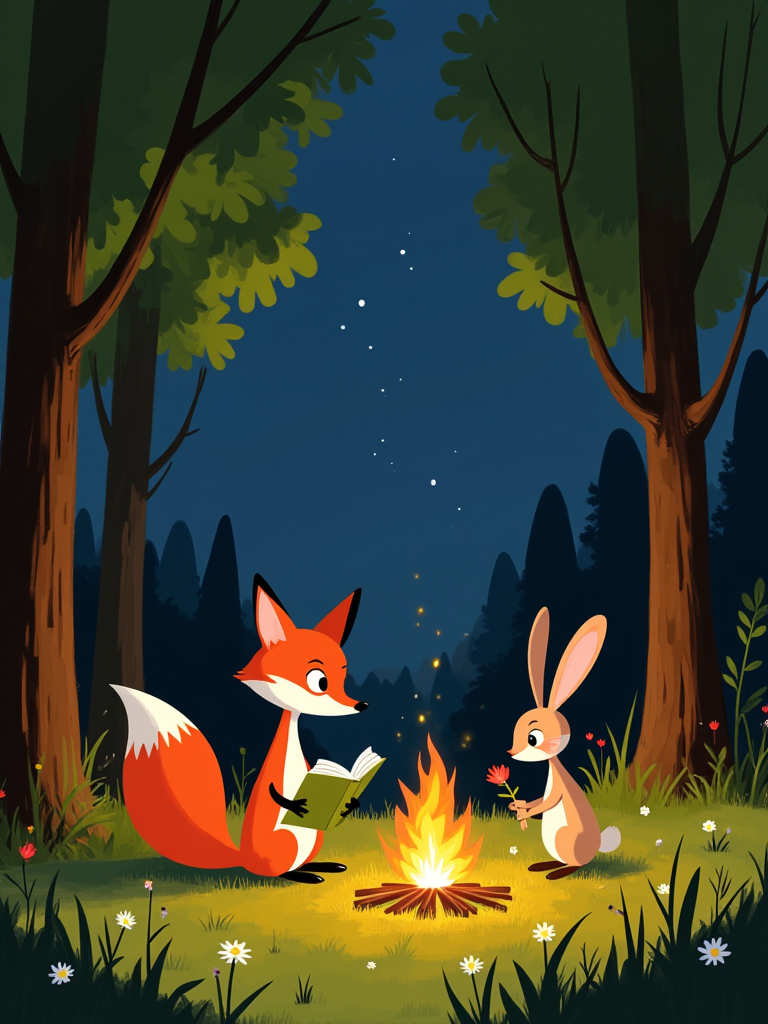 A serene nighttime setting in a woodland area. Two animals, a fox and a rabbit, are depicted. The fox, with its reddish-orange fur, is seated and reading a book, while the rabbit, with its light brown fur, stands beside it, offering a flower. They are surrounded by tall trees with green leaves, and the ground is covered in grass and small white flowers. A gentle glow emanates from a small fire they've lit between them, illuminating the scene. The backdrop is a starry night sky, adding to the tranquility of the scene.