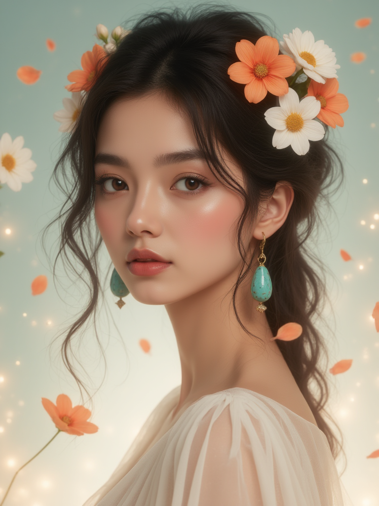 A close-up portrait of a young woman with intricate details. She has dark, wavy hair adorned with various flowers, predominantly white and orange. Her eyes are large, with a captivating brown hue, and she has a soft pink blush on her cheeks. She wears a pair of turquoise earrings and a white, flowing dress. The background is ethereal, with a gentle glow, and there are floating petals and wavy patterns that give a sense of movement and tranquility.
