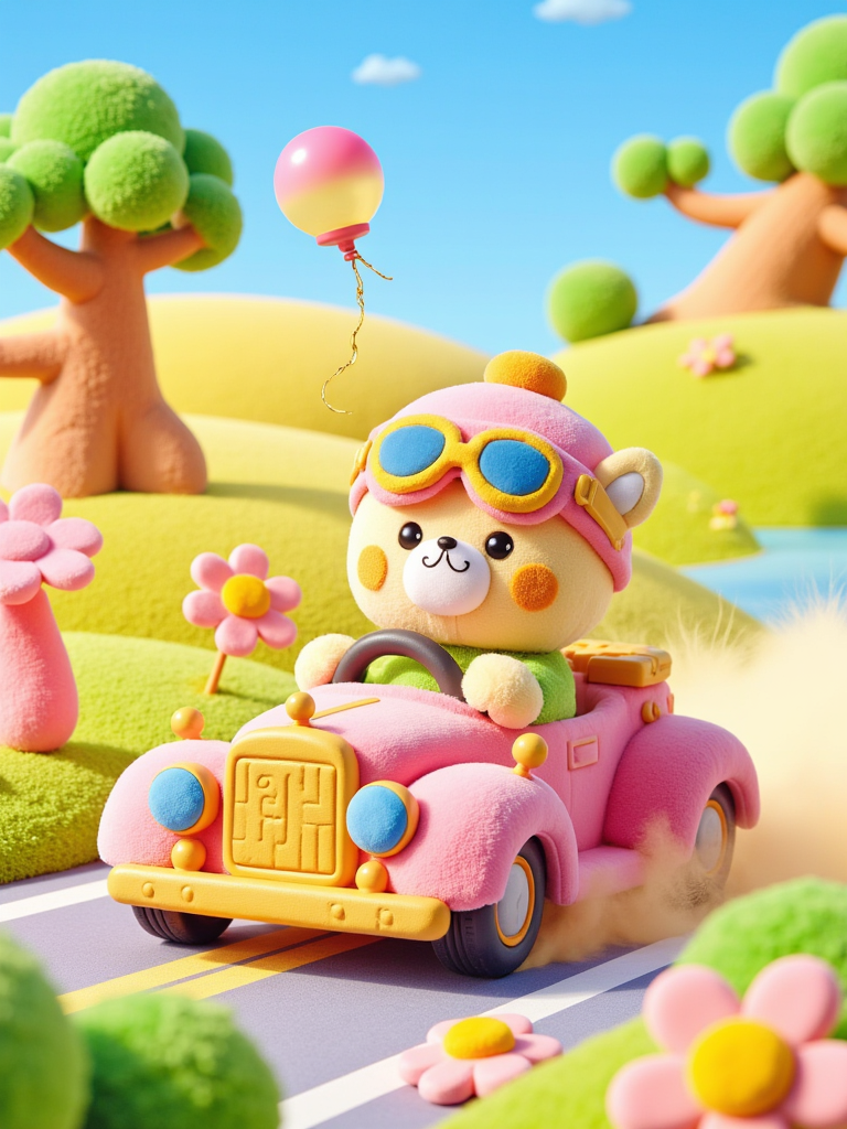 A vibrant and colorful landscape dominated by rolling hills and lush greenery. A cute bear-like character is seen driving a pink car, adorned with blue and yellow details. The bear wears a pink helmet with blue goggles and holds a pink balloon with a yellow string. The car is parked on a road surrounded by flowers, trees, and other whimsical elements. The sky above is clear with a few fluffy clouds, suggesting a bright and sunny day.