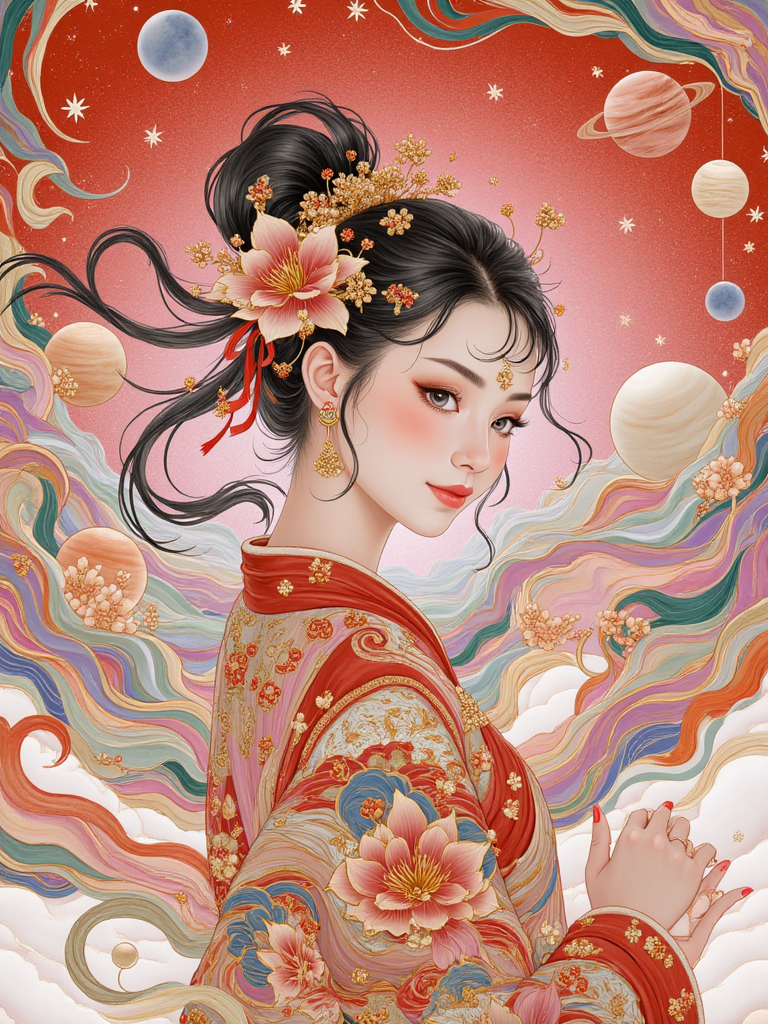 A beautifully illustrated female character with intricate traditional attire. She has a serene expression and is adorned with ornate hair accessories and jewelry. The background is a mesmerizing blend of swirling colors, with planets, stars, and abstract patterns. The character is positioned in the foreground, with the cosmic backdrop enveloping her, giving a sense of ethereal connection with the universe.
