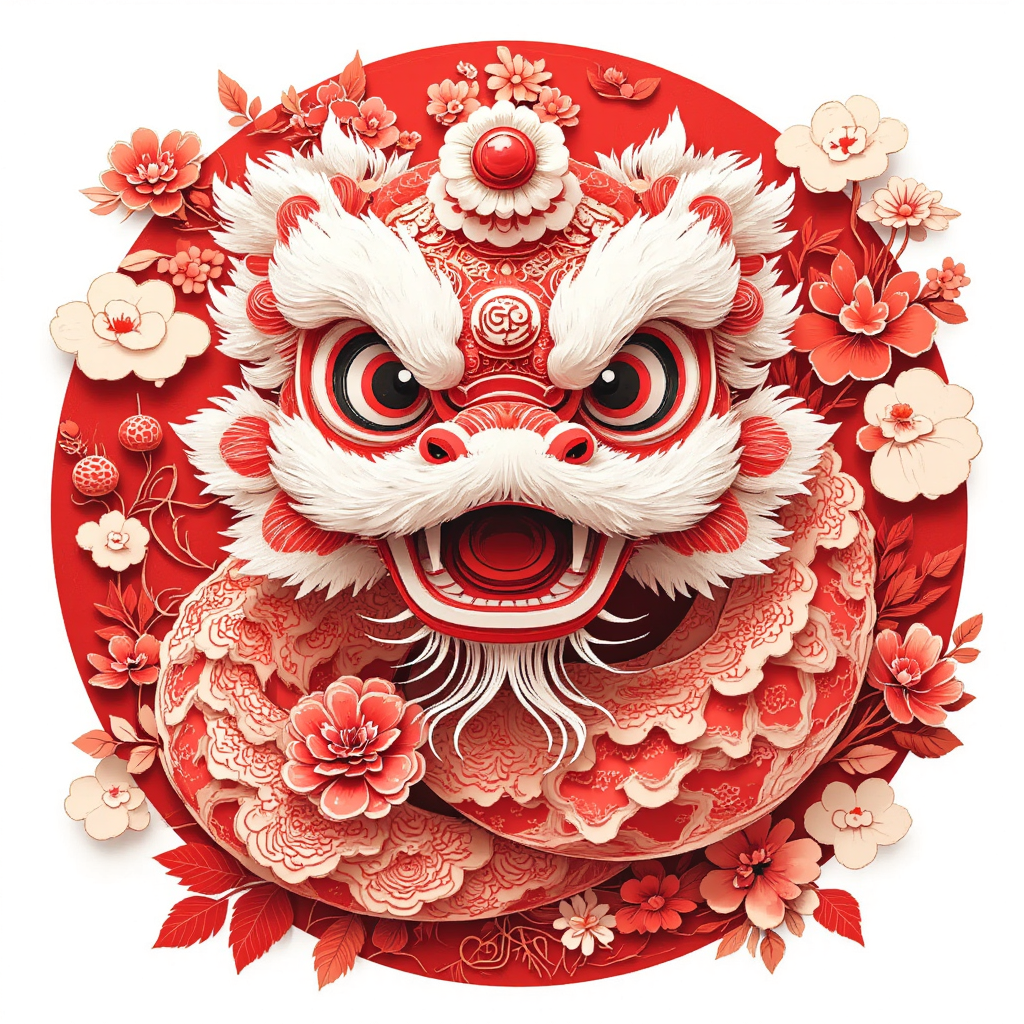 紅色剪紙，帶著醒獅帽子的可愛小蛇，傳統(tǒng)紋樣，新年主題，矢量風(fēng)，白色背景