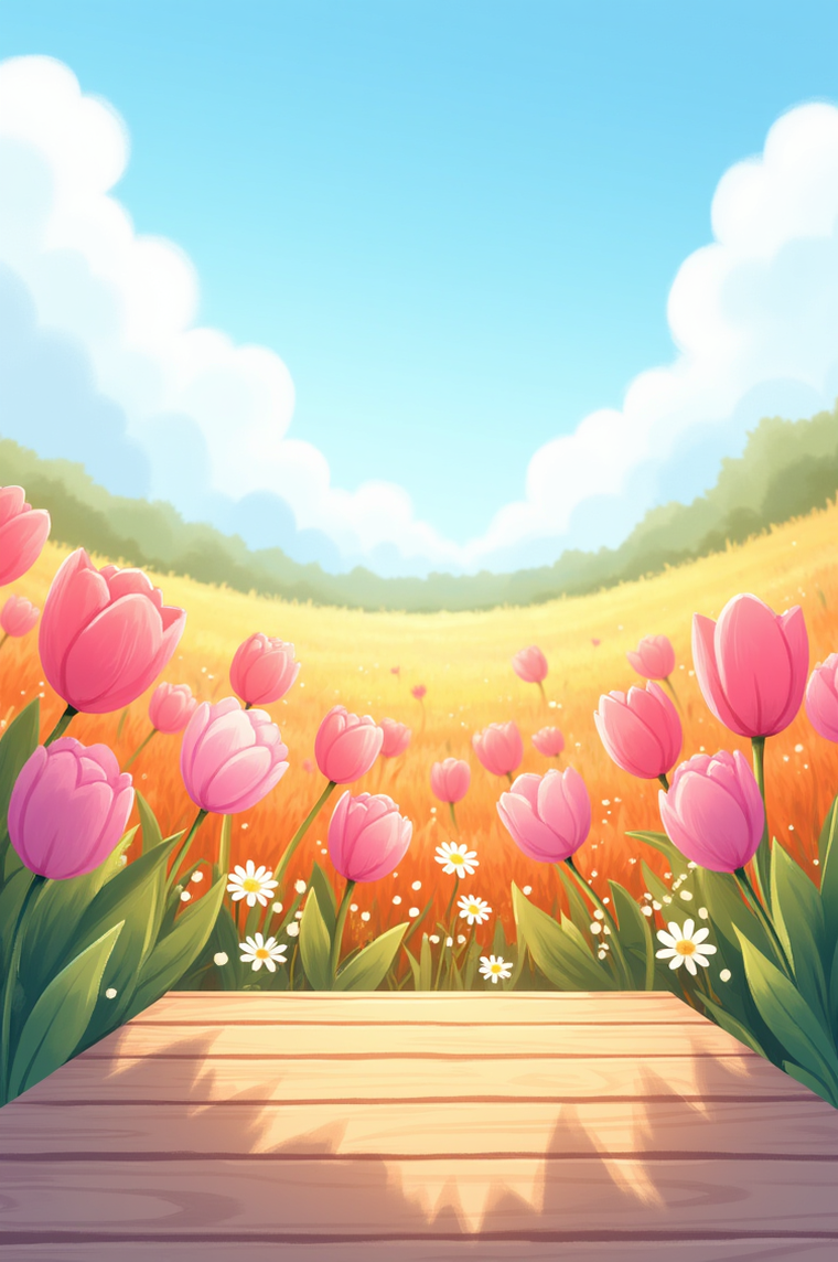 A vibrant and serene outdoor scene. A wooden planked platform is positioned in the foreground, leading the viewer's eye towards a vast field of blooming tulips in shades of pink and orange. These tulips are interspersed with smaller white daisy-like flowers. The sky above is clear with a few fluffy white clouds, suggesting a bright and sunny day. The overall ambiance of the image is one of tranquility and natural beauty.