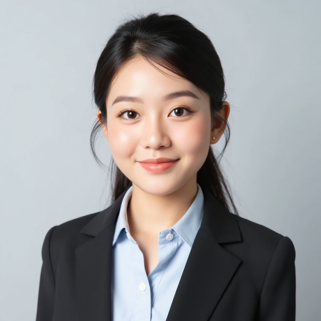 A young woman with dark hair, wearing a black blazer over a light blue shirt. She has a subtle smile on her face and is looking directly at the camera. The background is a plain gray, emphasizing the subject. Her attire suggests a professional or formal setting.