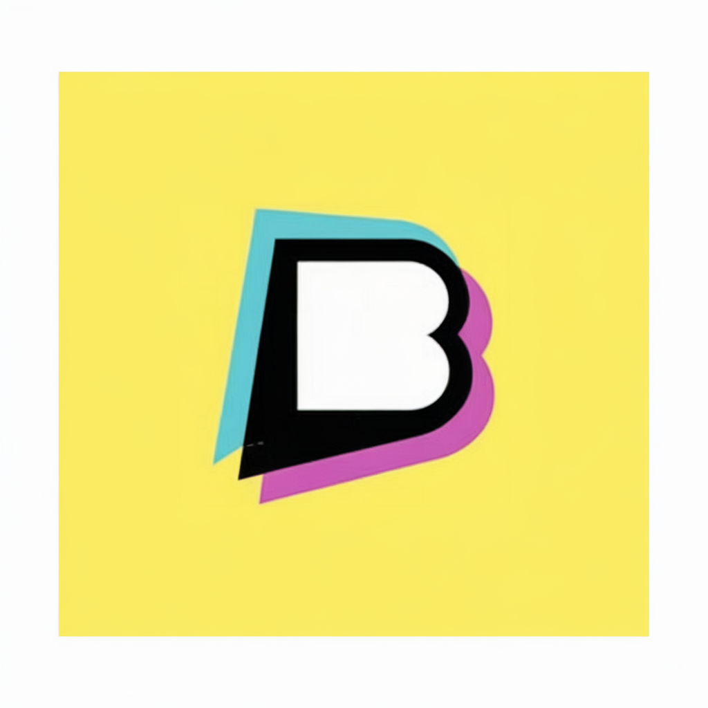 字母 'B' 以鮮艷的黃色背景為襯托。這個(gè)字母 'B' 由三個(gè)不同的層次組成：一個(gè)白色的大寫 'B'、一個(gè)黑色的小寫 'b'，以及它們之間的粉紫色層。這個(gè)設(shè)計(jì)給字母帶來(lái)立體的外觀，粉紫色的層看起來(lái)稍微重疊在黑色層上。,logo icon