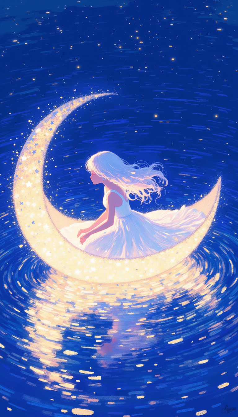 pixel and Pointillism style,Digital art,illustration,CynthiaArch,In a surreal, dreamlike setting, envision a young girl with flowing white hair, dressed in an ethereal white gown, gracefully seated in a luminous crescent moon-shaped boat, floating serenely on a tranquil lake. The boat is adorned with glowing, star-shaped lights, emitting a soft, enchanting glow that bathes her in a magical aura. The lakes surface mirrors a dazzling, star-filled galaxy, creating a mesmerizing, mirror-like reflection of the celestial expanse. Captured from a high or top-down perspective, the composition centers on the radiant boat and the shimmering waters, omitting the sky to intensify the ethereal ambiance. The scene is meticulously rendered with delicate, glowing details, emphasizing a whimsical, otherworldly charm, ensuring a high-definition, visually stunning portrayal.