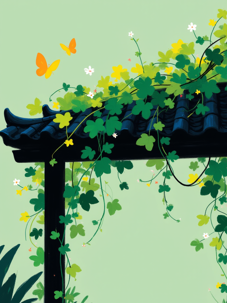 A serene scene with a traditional-style roof, possibly of East Asian origin, draped with lush green vines. The vines cascade down, intertwining with each other and creating a dense canopy. Two vibrant yellow butterflies flutter around, adding a touch of life to the scene. The background is a soft, muted green, suggesting a tranquil environment, possibly a garden or a courtyard.