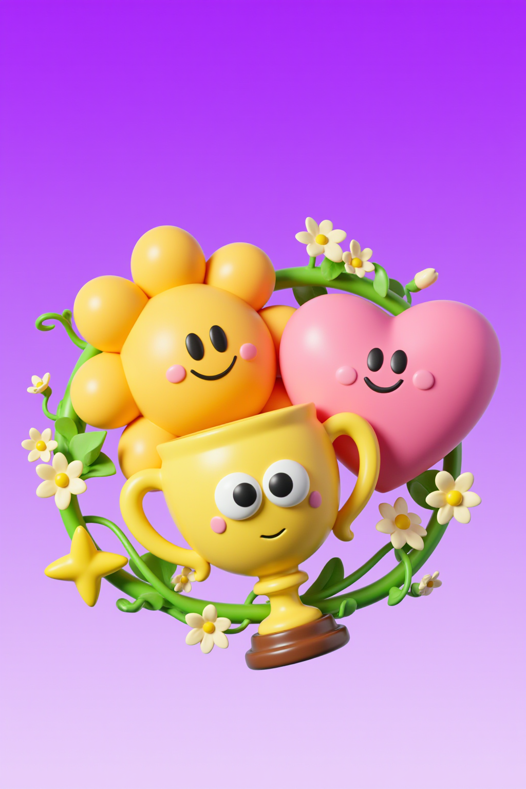 A vibrant and cheerful scene. At the center, there's a yellow trophy with big, round eyes and a smiling face. Surrounding the trophy are two animated objects: a pink heart with a smiling face and a yellow flower with a similar facial expression. The heart and flower are intertwined with green vines and white flowers. The background is a gradient of purple, and the overall theme appears to be light-hearted and whimsical.