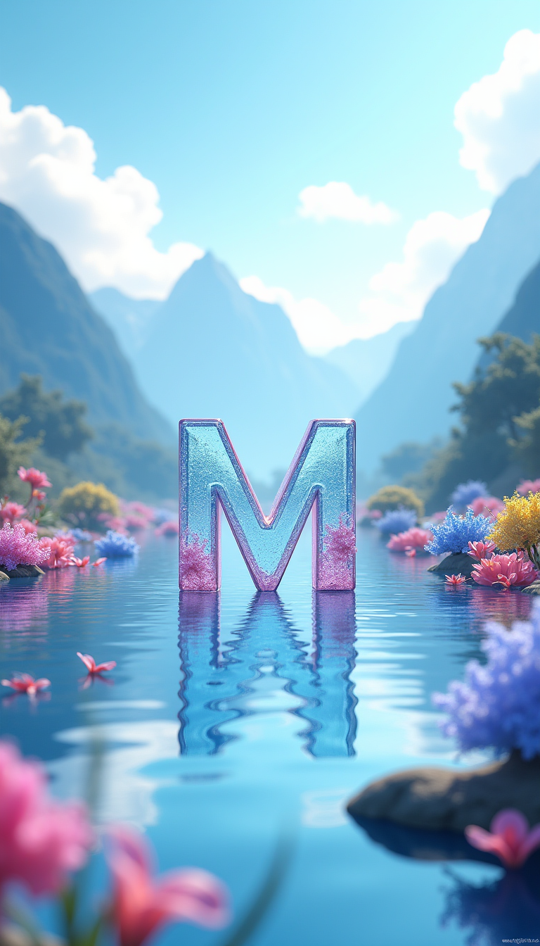 The center features a letter 'M' reflected in the water, surrounded by translucent flowers and blue plants, with majestic mountains and bright blue skies in the background, and fluffy clouds overhead. A semi-transparent logo with a glass texture is placed in the center. The flowers are pink, yellow, and purple. The scene exudes vitality and tranquility, embodying natural beauty. Soft light creates gentle shadows. The atmosphere is peaceful and charming with a luxurious touch.