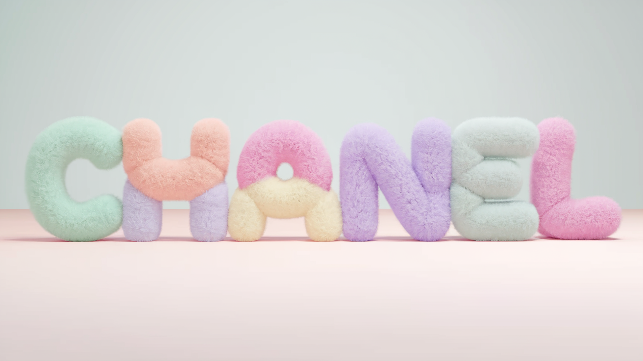 A series of colorful, fluffy letters spelling out the word 'CHANEL'. The letters are of varying pastel shades, including mint green, peach, lavender, and light blue. They are set against a soft pastel background, with the word 'CHANEL' positioned centrally. The letters have a plush, furry texture, giving them a soft and cuddly appearance.