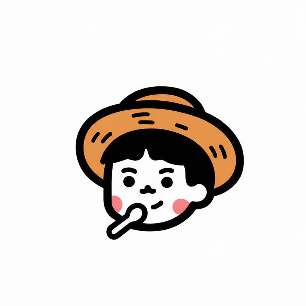 Create a vector-style illustration of a stylized cartoon character. The character should have a round face with rosy cheeks, and black hair. They are wearing a wide-brimmed hat, which adds a playful and whimsical touch to their appearance. The character is depicted with a spoon in its mouth, implying that they might be in the middle of eating or just about to take a bite.,logo icon