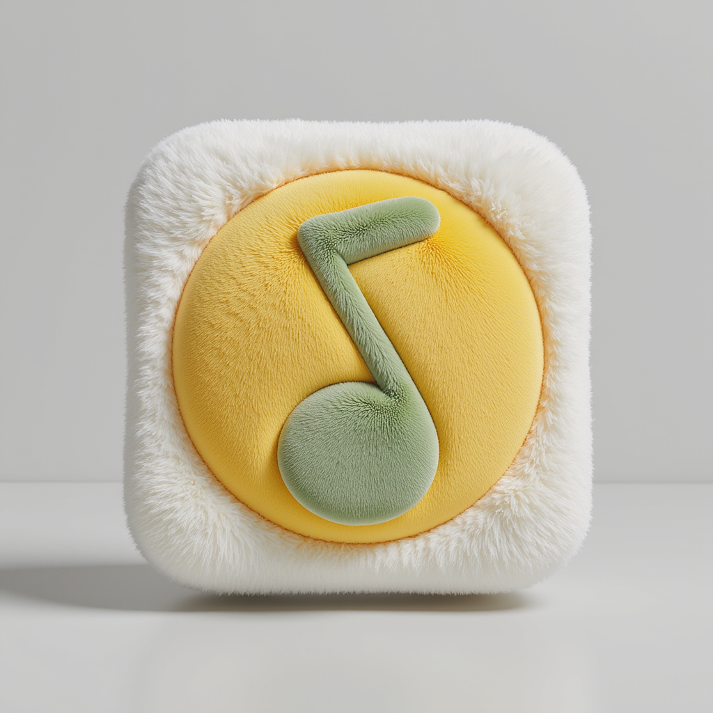 Design a square-shaped icon featuring a fluffy, furry border that gives a cozy, plush feel. Inside this square sits a large, circular yellow element that resembles a soft, cuddly cushion. At the center of this yellow circle is a prominent green musical note symbol positioned as a quarter note. The overall aesthetic is reminiscent of a playful and huggable toy, evoking a sense of warmth and comfort.