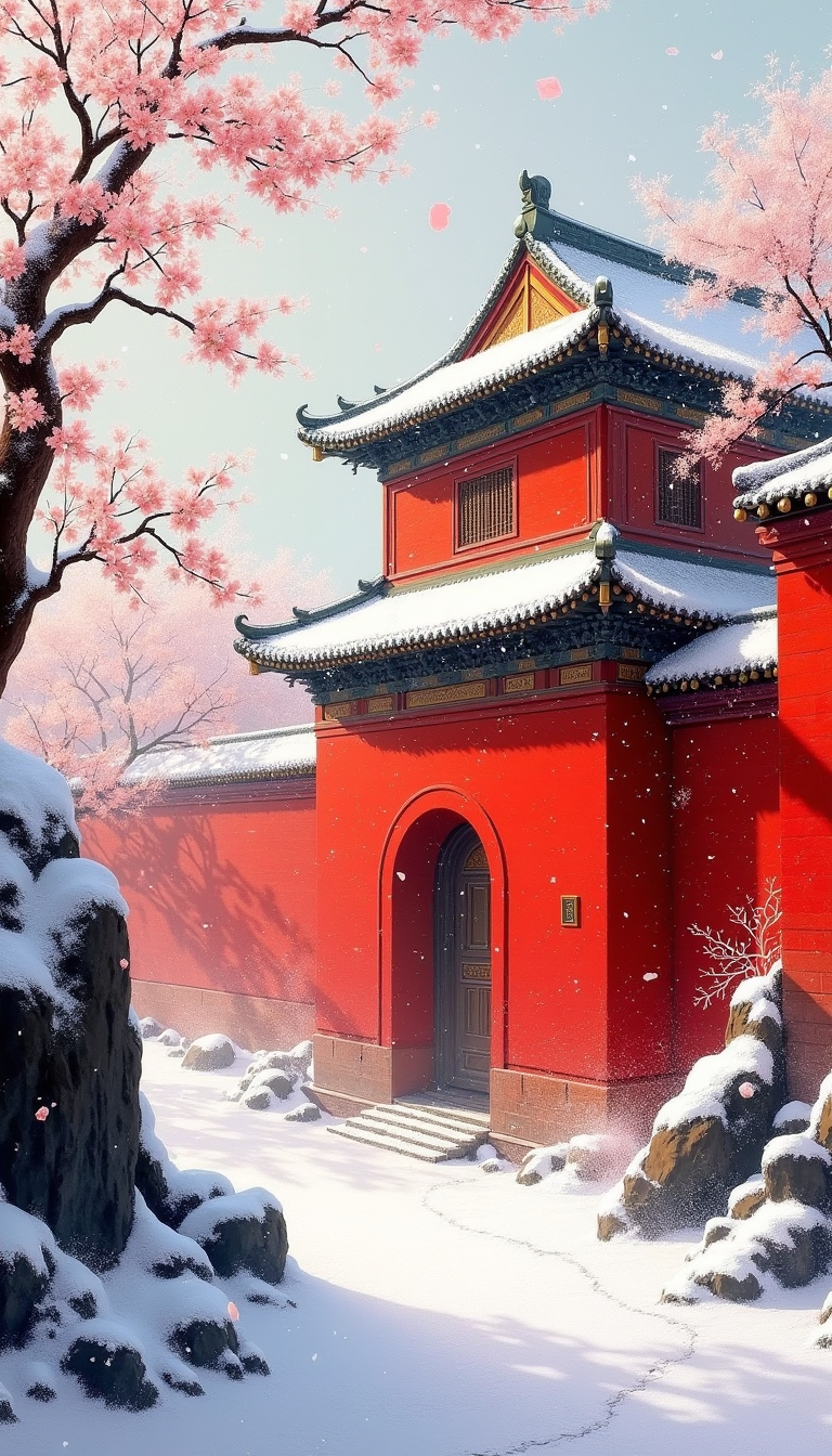 馬丁紅墻，精美的數(shù)字藝術(shù)插圖，油畫風格，捕捉中國宮殿在冬季的寧靜之美，以馬丁風格的紅墻為主，籠罩在輕輕飄落的雪花中。場景以積雪覆蓋的巖石和嬌嫩的白色梅花為特色，與鮮紅色形成鮮明對比。通過宮殿復雜的建筑細節(jié)、柔和的散射光以及平衡暖紅色和冷白色的構(gòu)圖來增強視覺深度，確保高分辨率清晰度以突出雪和古磚的紋理。