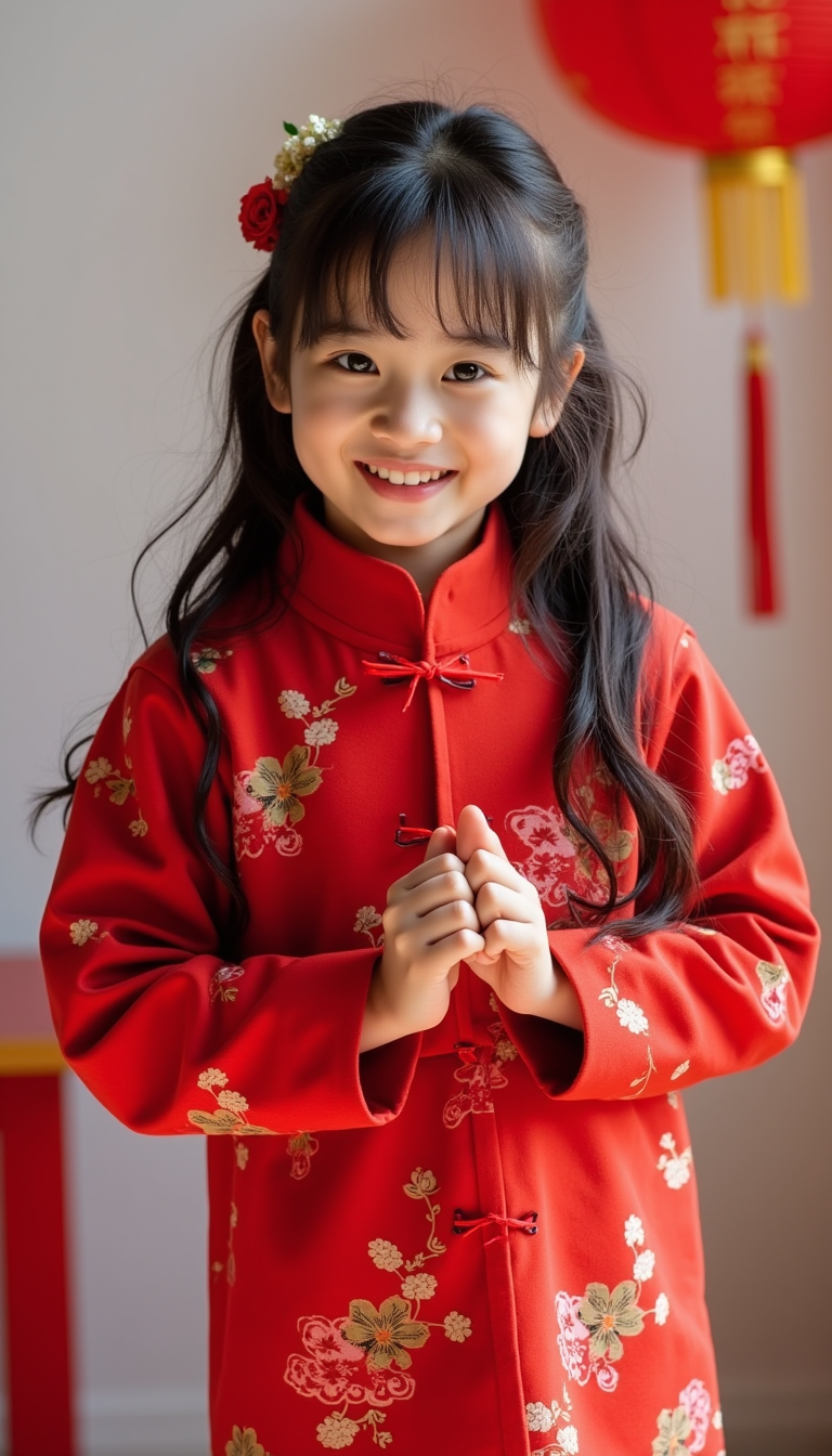 微笑的大波浪女孩，穿著中國紅的衣服